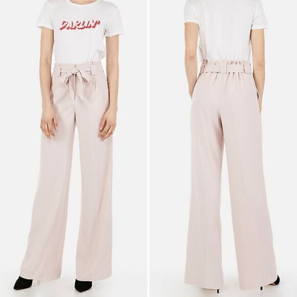 Express Wide Leg High Rise Paperbag Belted Pant Light Pink NEW FLAW - Picture 1 of 11